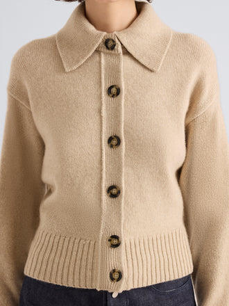 Proenza Schouler Detail image of model wearing Rocio Cardigan in Cashmere in Beige