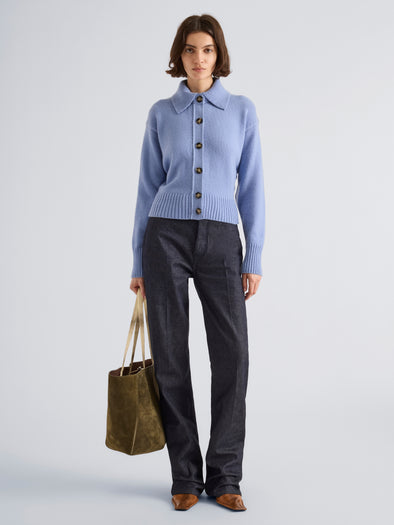 Proenza Schouler Front full length image of model wearing Rocio Cardigan in Cashmere in Shale
