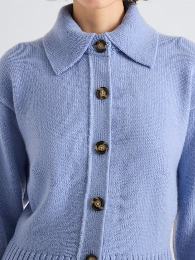 Proenza Schouler Detail image of model wearing Rocio Cardigan in Cashmere in Shale