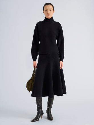 Proenza Schouler Front full length image of model wearing Lothea Top in Lofty Merino Wool in Navy Melange