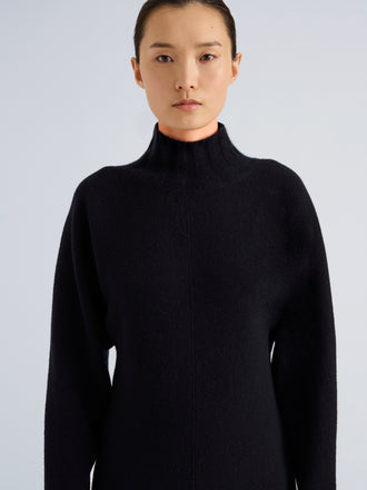 Proenza Schouler Detail image of model wearing Lothea Top in Lofty Merino Wool in Navy Melange