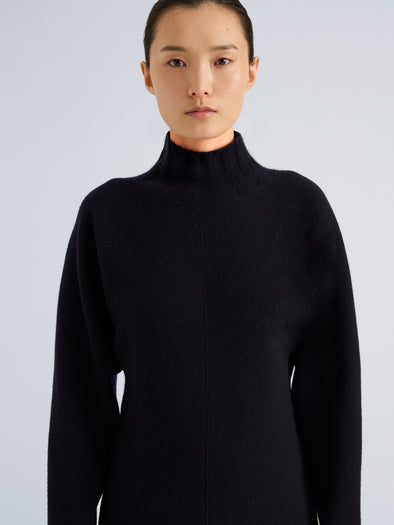 Proenza Schouler Detail image of model wearing Lothea Top in Lofty Merino Wool in Navy Melange