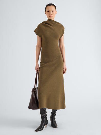 Proenza Schouler Front full length image of model wearing Lothea Dress in Lofty Merino Wool in Olive
