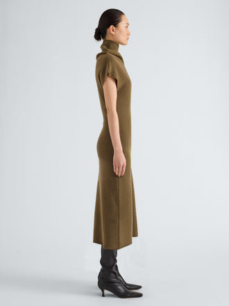 Proenza Schouler Side full length image of model wearing Lothea Dress in Lofty Merino Wool in Olive