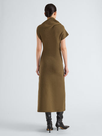 Proenza Schouler Back full length image of model wearing Lothea Dress in Lofty Merino Wool in Olive