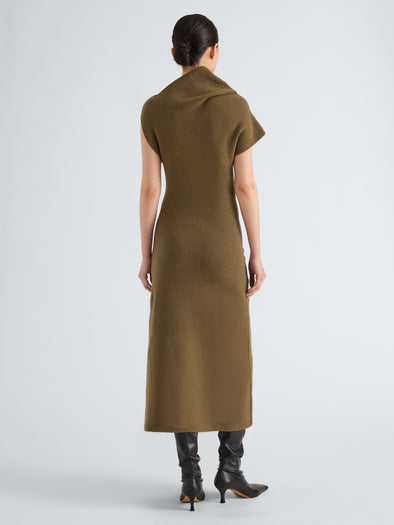 Proenza Schouler Back full length image of model wearing Lothea Dress in Lofty Merino Wool in Olive