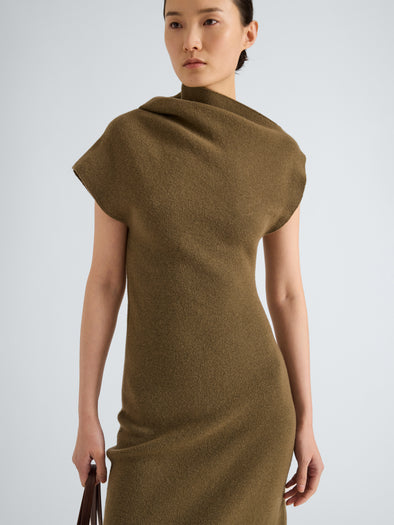 Proenza Schouler Detail image of model wearing Lothea Dress in Lofty Merino Wool in Olive