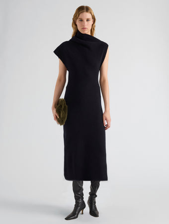 Proenza Schouler Front full length image of model wearing Lothea Dress in Lofty Merino Wool in Navy Melange