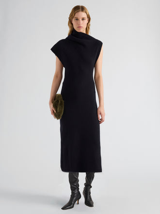 Proenza Schouler Front full length image of model wearing Lothea Dress in Lofty Merino Wool in Navy Melange