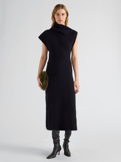 Proenza Schouler Front full length image of model wearing Lothea Dress in Lofty Merino Wool in Navy Melange