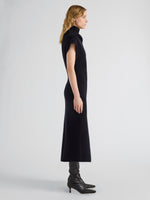 Proenza Schouler Side full length image of model wearing Lothea Dress in Lofty Merino Wool in Navy Melange
