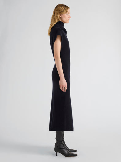Proenza Schouler Side full length image of model wearing Lothea Dress in Lofty Merino Wool in Navy Melange