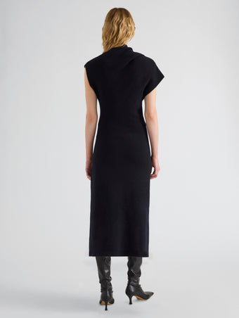 Proenza Schouler Back full length image of model wearing Lothea Dress in Lofty Merino Wool in Navy Melange