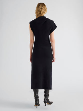 Proenza Schouler Back full length image of model wearing Lothea Dress in Lofty Merino Wool in Navy Melange