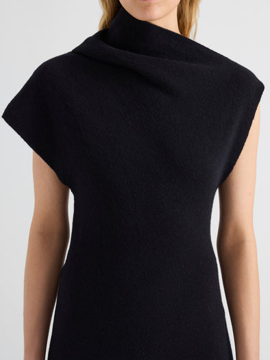 Proenza Schouler Detail image of model wearing Lothea Dress in Lofty Merino Wool in Navy Melange