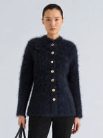 Proenza Schouler Front cropped image of model wearing Aniza Cardigan in Brushed Mohair in Navy Black