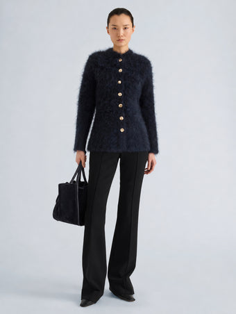 Proenza Schouler Front full length image of model wearing Aniza Cardigan in Brushed Mohair in Navy Black