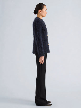 Proenza Schouler Side full length image of model wearing Aniza Cardigan in Brushed Mohair in Navy Black