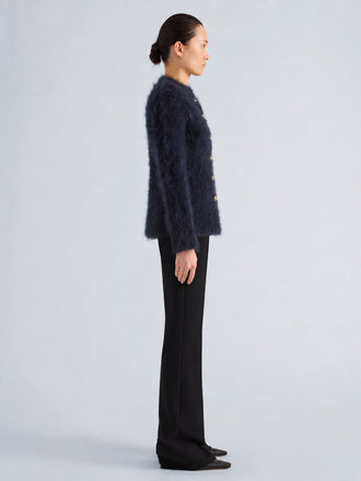 Proenza Schouler Side full length image of model wearing Aniza Cardigan in Brushed Mohair in Navy Black