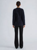 Proenza Schouler Back full length image of model wearing Aniza Cardigan in Brushed Mohair in Navy Black