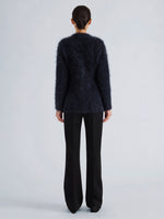 Proenza Schouler Back full length image of model wearing Aniza Cardigan in Brushed Mohair in Navy Black
