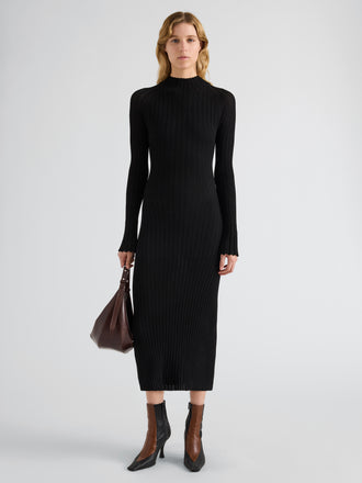 Proenza Schouler Front full length image of model wearing Roux Dress in Viscose Silk Rib in Black