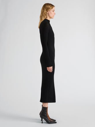Proenza Schouler Side full length image of model wearing Roux Dress in Viscose Silk Rib in Black