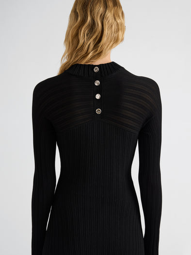 Proenza Schouler Detail image of model wearing Roux Dress in Viscose Silk Rib in Black