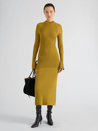 Proenza Schouler Front full length image of model wearing Roux Dress in Viscose Silk Rib in Gold