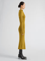Proenza Schouler Side full length image of model wearing Roux Dress in Viscose Silk Rib in Gold