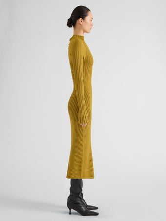 Proenza Schouler Side full length image of model wearing Roux Dress in Viscose Silk Rib in Gold