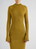 Proenza Schouler Detail image of model wearing Roux Dress in Viscose Silk Rib in Gold