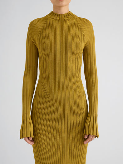 Proenza Schouler Detail image of model wearing Roux Dress in Viscose Silk Rib in Gold