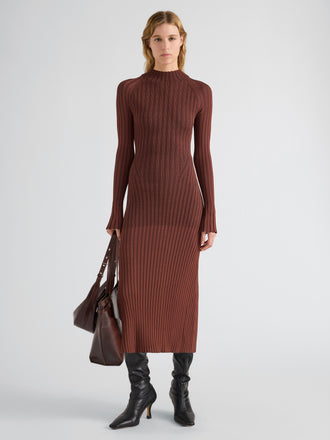 Proenza Schouler Front full length image of model wearing Roux Dress in Viscose Silk Rib in Copper