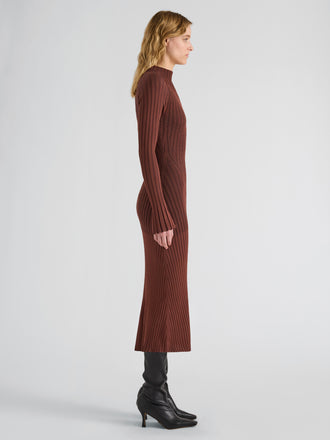Proenza Schouler Side full length image of model wearing Roux Dress in Viscose Silk Rib in Copper