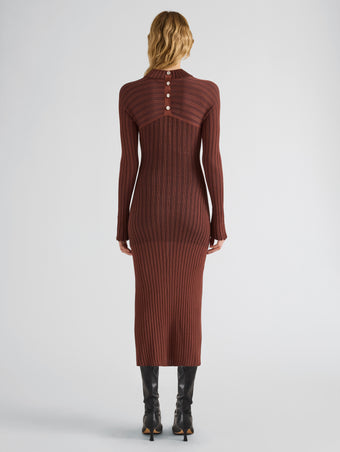Proenza Schouler Back full length image of model wearing Roux Dress in Viscose Silk Rib in Copper