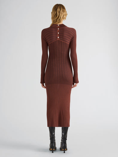 Proenza Schouler Back full length image of model wearing Roux Dress in Viscose Silk Rib in Copper