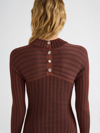 Proenza Schouler Detail image of model wearing Roux Dress in Viscose Silk Rib in Copper