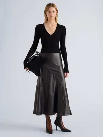 Proenza Schouler Front full length image of model wearing Roux Top in Viscose Silk Rib in Black