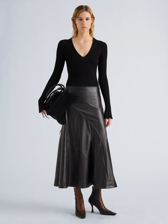 Proenza Schouler Front full length image of model wearing Roux Top in Viscose Silk Rib in Black