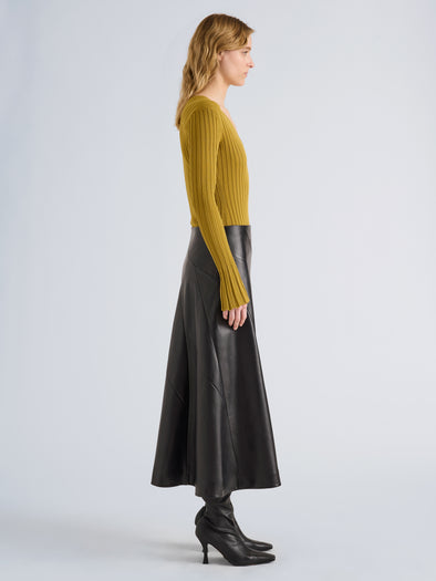 Proenza Schouler Side full length image of model wearing Roux Top in Viscose Silk Rib in Gold