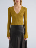 Proenza Schouler Detail image of model wearing Roux Top in Viscose Silk Rib in Gold