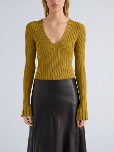 Proenza Schouler Detail image of model wearing Roux Top in Viscose Silk Rib in Gold