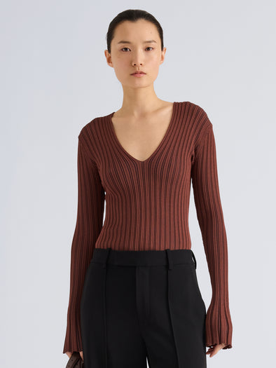 Proenza Schouler Front cropped image of model wearing Roux Top in Viscose Silk Rib in Copper