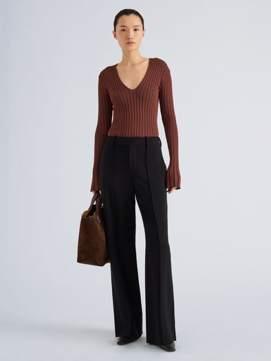 Proenza Schouler Front full length image of model wearing Roux Top in Viscose Silk Rib in Copper