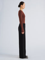 Proenza Schouler Side full length image of model wearing Roux Top in Viscose Silk Rib in Copper