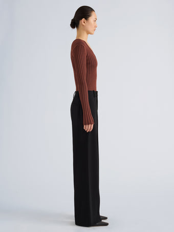 Proenza Schouler Side full length image of model wearing Roux Top in Viscose Silk Rib in Copper