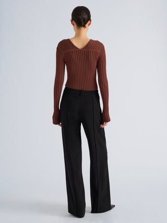 Proenza Schouler Back full length image of model wearing Roux Top in Viscose Silk Rib in Copper