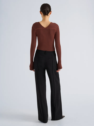 Proenza Schouler Back full length image of model wearing Roux Top in Viscose Silk Rib in Copper