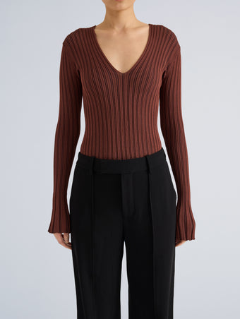 Proenza Schouler Detail image of model wearing Roux Top in Viscose Silk Rib in Copper